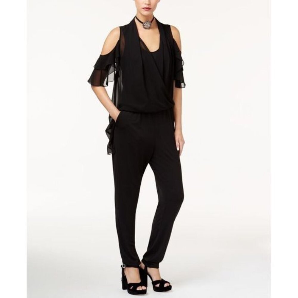 KOBI Women Jumpsuit Cold‎ Shoulder Wrap Front Chiffon Ruffles Sz M Black 80-6